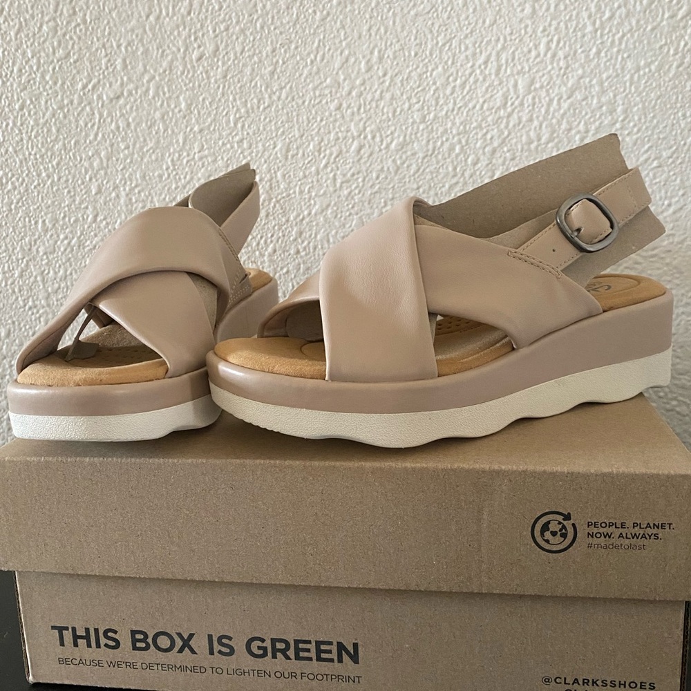 Women’s Clark’s open toe wedge shoe
Size 5 1/2 new steel in box - Picture 2 of 6